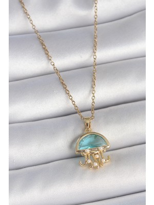 Toptan Bulurum 316L Çelik Gold Renk Mavi Taşlı Deniz Anası Model İnci Detay Kadın Kolye