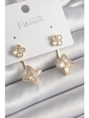 Toptan Bulurum Pirinç Gold Renk Zirkon Taşlı Yonca Model Kadın Küpe