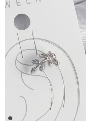 Toptan Bulurum Pirinç Gümüş Renk Zirkon Taşlı Yaprak Model Kıkırdak Kadın Küpe