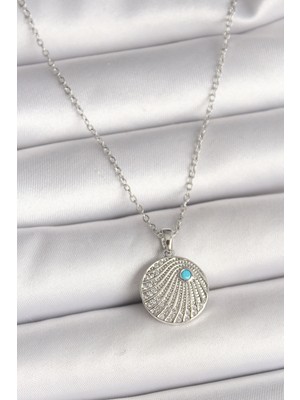 Toptan Bulurum 316L Çelik Gümüş Renk Zincir Zirkon Taşlı Mavi Taş Detaylı Madalyon Model Kadın Kolye