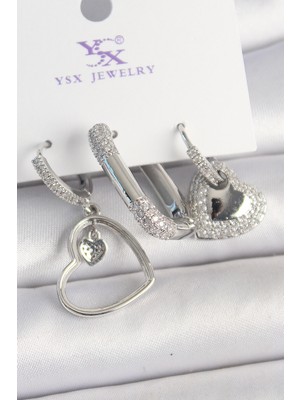 Toptan Bulurum Pirinç Gümüş Renk Sallantı Zirkon Taşlı Kalp Model 3'lü Kadın Kombin Küpe