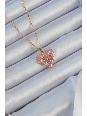Toptan Bulurum 316L Çelik Zincir Altın Renk Pembe Parçalı Zirkon Taşlı Kalp Kolye