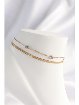 Toptan Bulurum 316L Çelik Gold Renk Nazar Boncuk Tasarımlı 2li Halhal