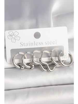 316L Çelik Gümüş Renk Halka Yıldız Model Kadın Küpe Seti