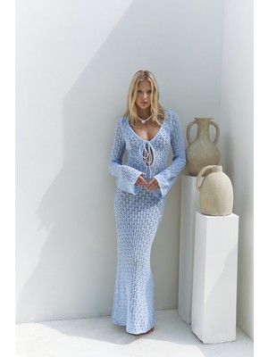 Nugruho Bağlama Detay Mavi Triko Uzun Elbise