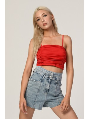 Quzu Ince Askılı Gipeli Crop  - Kırmızı Kırmızı - L