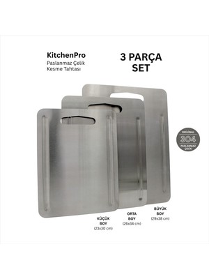 Metal Hayaller KitchenPro Klasik Paslanmaz Çelik Kesme Tahtası 3 Parça Set (Büyük Boy - 29x38 cm / Orta Boy - 26x34 cm / Küçük Boy - 23x30 Cm)