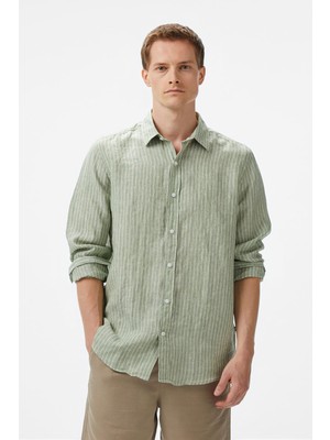 Erkek Classic Fit Çizgili Keten Gömlek - Yeşil