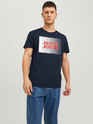 Jack & Jones 12233999 0 Yaka Onu Cızgı Ustu Jack Jones Yazılı Kısa Kol  %100 Coton Tshırt