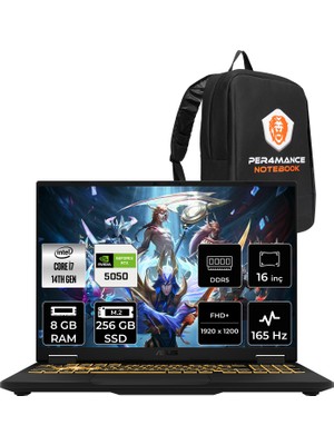 Asus Tuf Gaming F16 i7 14650HX RTX 5050 8GB Gaming Laptop 8GB RAM 256GB SSD 16" FHD+ 165Hz FreeDOS + Per4 Çanta FX608JHRRV048P301