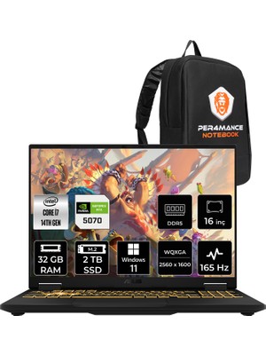 Asus Tuf Gaming F16 i7 14650HX RTX 5070 8GB Gaming Laptop 32GB RAM 2TB SSD 16" QHD+ 165Hz Win11 Home + Per4 Çanta FX608JPRQT002P359