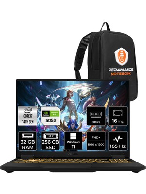 Asus Tuf Gaming F16 i7 14650HX RTX 5050 8GB Gaming Laptop 32GB RAM 256GB SSD 16" FHD+ 165Hz Win11 Pro + Per4 Çanta FX608JHRRV048P396