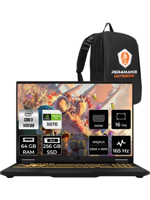 Asus Tuf Gaming F16 i7 14650HX RTX 5070 8GB Gaming Laptop 64GB RAM 256GB SSD 16" QHD+ 165Hz FreeDOS + Per4 Çanta FX608JPRQT002P331