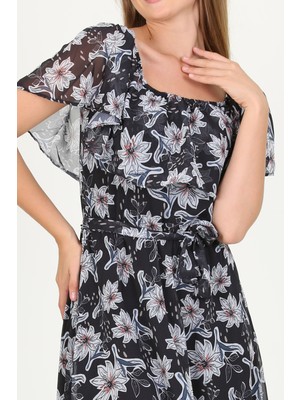 Neşeli Butik Kadın Madonna Yaka Kuşaklı Desenli Şifon Elbise RY10037