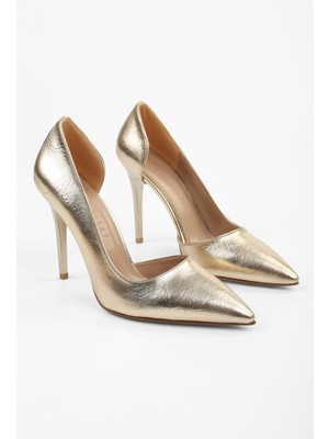 Shoeberry Kadın Massy Altın Parlak Stiletto Suni Deri Yüksek Topuklu Ayakkabı Jurdan Taban ile Şıklık