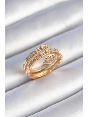 Pirinç Gold Renk Zirkon Taşlı Yılan Model Kadın Yüzük