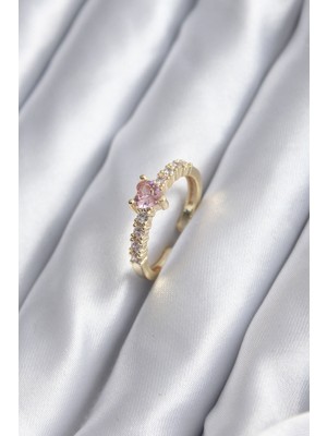 Gold Renk Zirkon Taşlı Pembe Kristal Kalp Model Kadın Yüzük