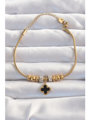 316L Çelik Gold Renk Zirkon Taş Aksesuarlı Siyah Mineli Yonca Bileklik