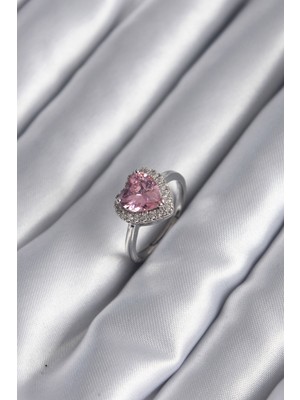 Pirinç Gümüş Renk Pembe Zirkon Taş Kalp Charm Model Kadın Yüzük