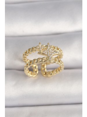 Pirinç Gold Renk 2'li Zincir Zirkon Taşlı Yıldız Figür Kadın Yüzük