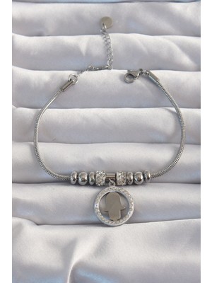 316L Çelik Gümüş Renk Zirkon Taş Aksesuarlı Fatma Ana Eli Bileklik