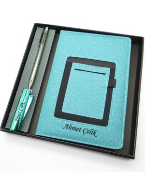 Signator® Codex | N128 Kişiye Özel Defterli Set - Isme Özel Gümüş Kalem + Isme Özel Turkuaz Defter + Isme Özel Çakmak| Isme Özel Kutusunda Hediyelik Set