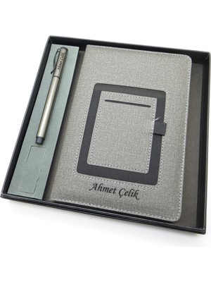 Signator® Codex | N131 Kişiye Özel Defterli Set - Isme Özel Gri Kalem + Isme Özel Gri Defter | Isme Özel Kutusunda Hediyelik Set