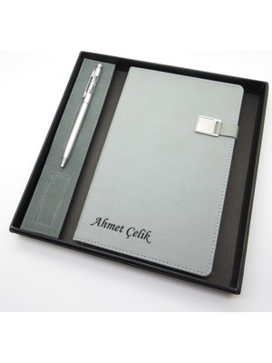 Signator® Codex | N125 Kişiye Özel Defterli Set - Isme Özel Gümüş Kalem + Isme Özel Gri Defter | Isme Özel Kutusunda Hediyelik Set