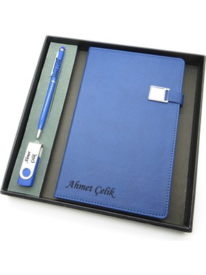 Signator® Codex | N120 Kişiye Özel Defterli Set - Isme Özel Mavi Kalem + Isme Özel Mavi Defter + Isme Özel USB Bellek| Isme Özel Kutusunda Hediyelik Set