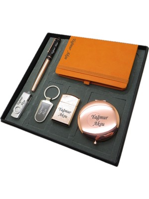 Signator® Bronz | Isme Özel Set - 32 Gb. USB Bellek + Çakmak + Not Defteri  + Anahtarlık + Kalem ve El Aynası | Kişiye Özel Hediyelik Set