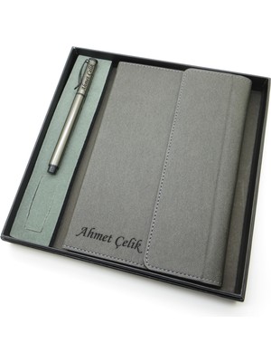 Signator® Codex | N140 Kişiye Özel Defterli Set - Isme Özel Gri Kalem + Isme Özel Gri Defter | Isme Özel Kutusunda Hediyelik Set