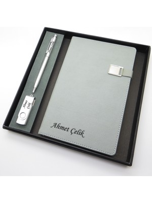Signator® Codex | N126 Kişiye Özel Defterli Set - Isme Özel Gümüş Kalem + Isme Özel Gri Defter + Isme Özel USB Bellek| Isme Özel Kutusunda Hediyelik Set