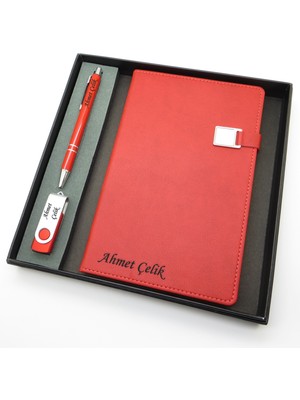 Signator® Codex | N122 Kişiye Özel Defterli Set - Isme Özel Kırmızı Kalem + Isme Özel Kırmızı Defter + Isme Özel USB Bellek| Isme Özel Kutusunda Hediyelik Set