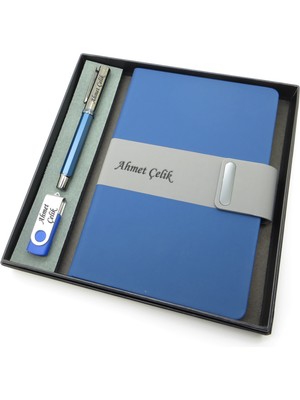 Signator® Codex | N382 Kişiye Özel Defterli Set - Isme Özel Mavi Kalem + Isme Özel Mavi Defter+ Isme Özel 32 GB USB Bellek | Isme Özel Kutusunda Hediyelik Set
