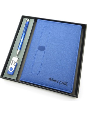 Signator® Codex | N112 Kişiye Özel Defterli Set - Isme Özel Mavi Kalem + Isme Özel Mavi Defter + Isme Özel USB Bellek| Isme Özel Kutusunda Hediyelik Set