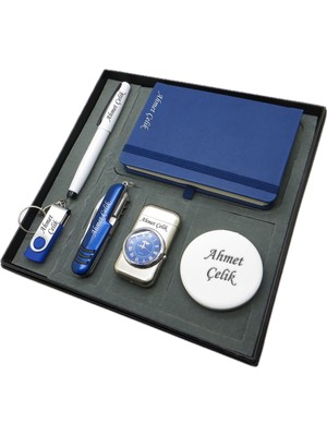 Signator® Lacus | Kişiye Özel Set - 32 Gb. USB Bellek + Saatli Çakmak + Not Defteri  + Çok Fonksiyonlu Çakı + Kalem ve El Aynası | Isme Özel Hediyelik Set