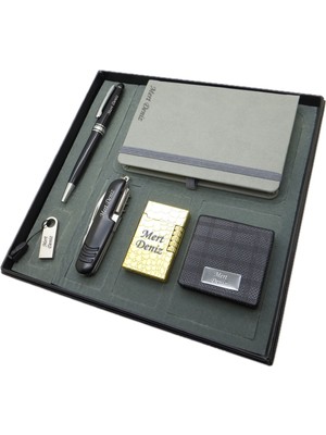 Signator® Felsina | Isme Özel Set - Çakmak + Not Defteri  + Fonksiyonlu Çakı + 32 Gb. USB Bellek + Kalem ve El Aynası | Kişiye Özel Hediyelik Set