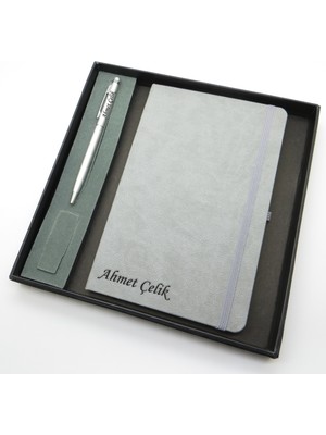 Signator® Codex | N107 Kişiye Özel Defterli Set - Isme Özel Gümüş Kalem + Isme Özel Gri Defter | Isme Özel Kutusunda Hediyelik Set