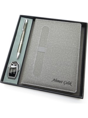 Signator® Codex | N114 Kişiye Özel Defterli Set - Isme Özel Gri Kalem + Isme Özel Gri Defter + Isme Özel Anahtarlık | Isme Özel Kutusunda Hediyelik Set
