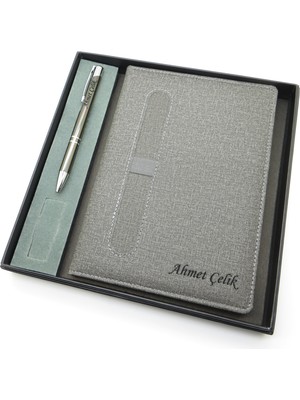 Signator® Codex | N113 Kişiye Özel Defterli Set - Isme Özel Gri Kalem + Isme Özel Gri Defter | Isme Özel Kutusunda Hediyelik Set