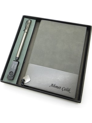 Signator® Codex | N148 Kişiye Özel Defterli Set - Isme Özel Gri Kalem + Isme Özel Gri Defter + Isme Özel 32 GB USB Bellek| Isme Özel Kutusunda Hediyelik Set