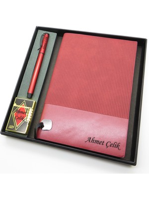 Signator® Codex | N146 Kişiye Özel Defterli Set - Isme Özel Kırmızı Kalem + Isme Özel Kırmızı Defter + Isme Özel Çakmak | Isme Özel Kutusunda Hediyelik Set