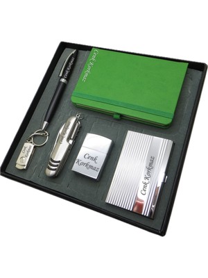 Signator® Yosun | Isme Özel Set - 32 Gb. USB Bellek + Çakmak + Not Defteri  + Çakı + Kalem ve Kartvizitlik | Kişiye Özel Hediyelik Set