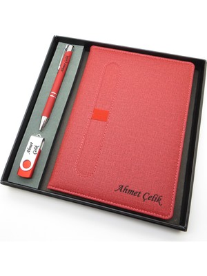 Signator® Codex | N116 Kişiye Özel Defterli Set - Isme Özel Kırmızı Kalem + Isme Özel Kırmızı Defter + Isme Özel USB Bellek| Isme Özel Kutusunda Hediyelik Set