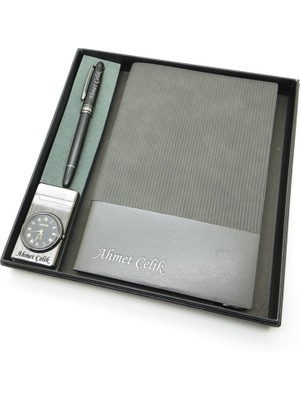 Signator® Codex | N325 Kişiye Özel Defterli Set - Isme Özel Siyah Kalem + Isme Özel Gri Defter + Isme Özel Gri Çakmak | Isme Özel Kutusunda Hediyelik Set