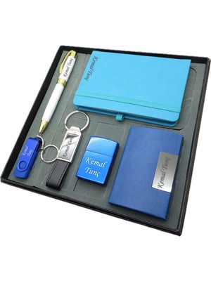 Signator® Aqua | Isme Özel Set - 32 Gb. USB Bellek + Çakmak + Not Defteri  + Anahtarlık + Kalem ve Kartvizitlik | Kişiye Özel Hediyelik Set