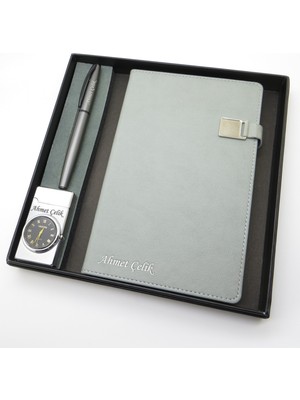 Signator® Codex | N342 Kişiye Özel Defterli Set - Isme Özel Gri Kalem + Isme Özel Gri Defter + Isme Özel Gümüş Çakmak | Isme Özel Kutusunda Hediyelik Set
