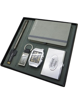 Signator® Luna | Isme Özel Set - Saatli Çakmak + Not Defteri  + Anahtarlık + 32 Gb. USB Bellek + Kalem ve Kartvizitlik | Kişiye Özel Hediyelik Set
