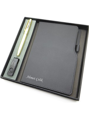 Signator® Codex | N355 Kişiye Özel Defterli Set - Isme Özel Gold Kalem + Isme Özel Siyah Defter + Isme Özel 32 GB USB Bellek | Isme Özel Kutusunda Hediyelik Set