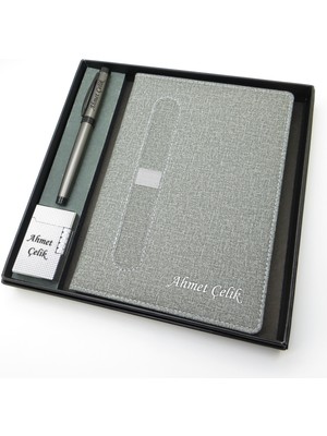 Signator® Codex | N345 Kişiye Özel Defterli Set - Isme Özel Gri Kalem + Isme Özel Gri Defter + Isme Özel Gümüş Çakmak | Isme Özel Kutusunda Hediyelik Set